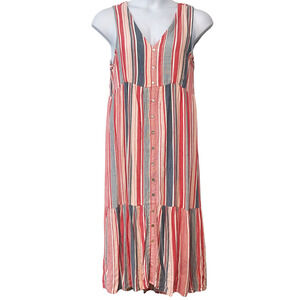 New Directions Sz L Maxi Dress Sleeveless V-Neck Button Front Striped Linen-Like